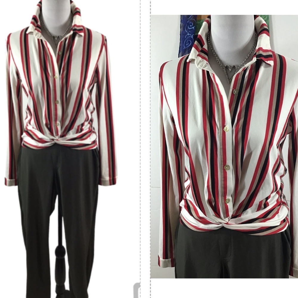 Cropped striped knit LS button top shirt S